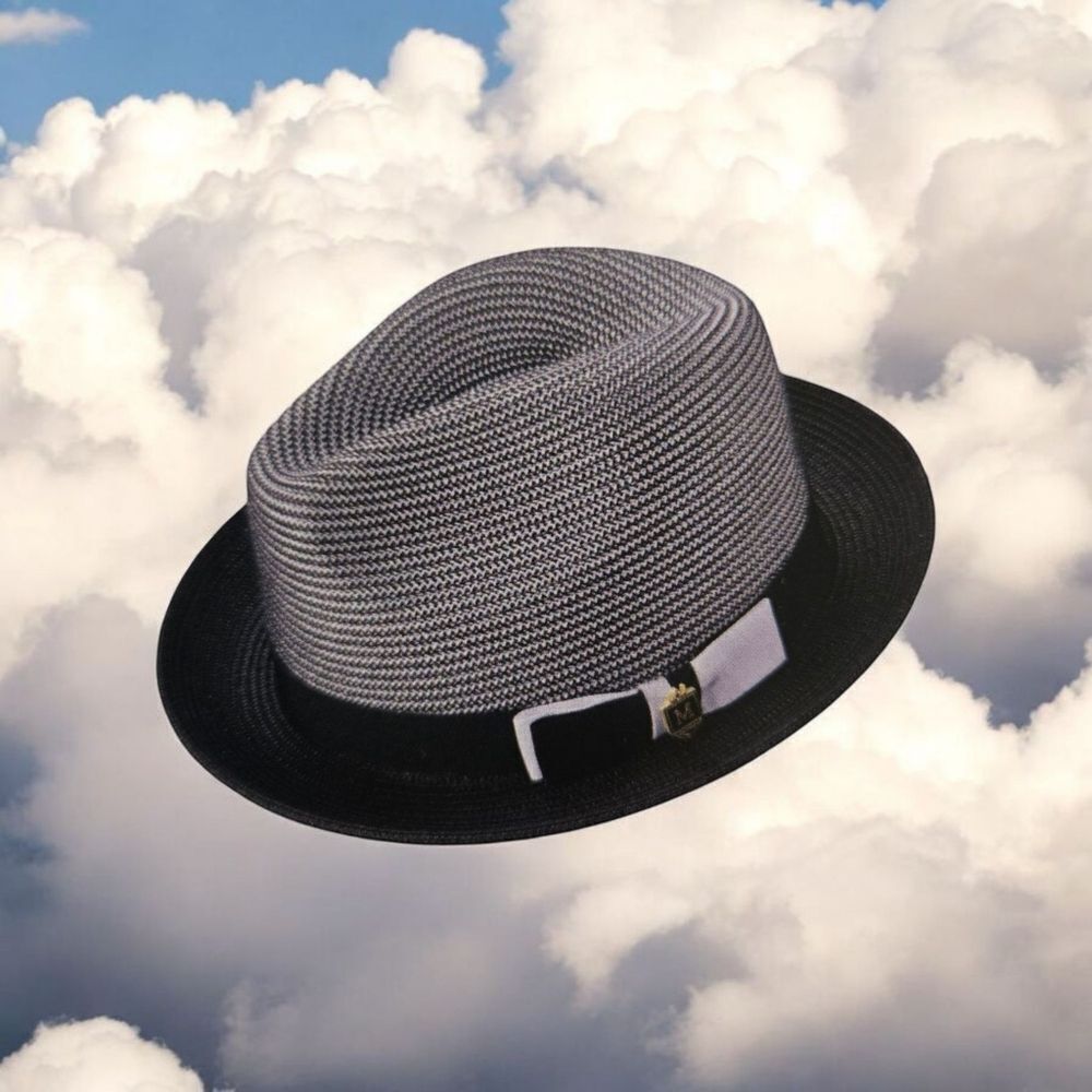 MONTIQUE MENS BLACK BRAIDED TWO TONE STINGY BRIM PINCH FEDORA HAT. H68.